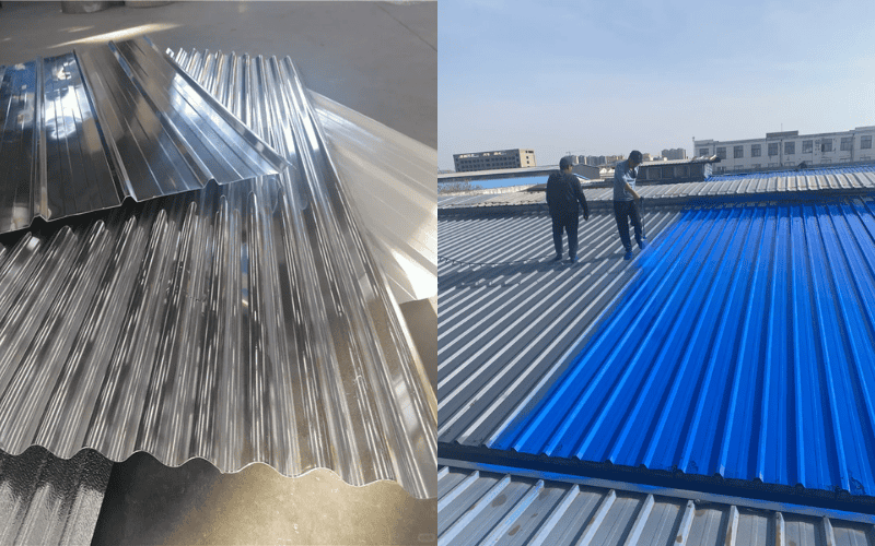 Steel vs. Aluminum Roofing – Corrugated metal sheets for roofing, with aluminum sheets on the left and installed blue and silver roofing on the right.