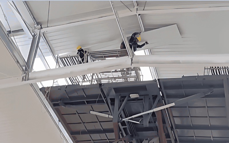 Workers assembling interior steel panels for a structural roof, using safety equipment and tools.