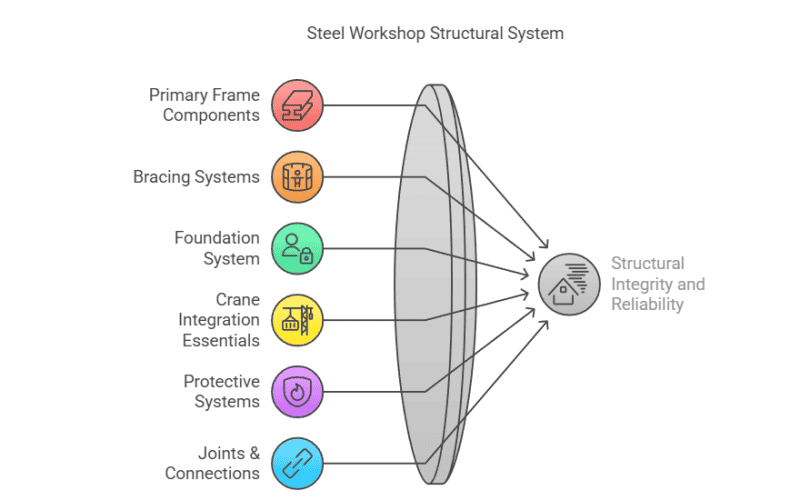 Diagram illustrating how primary frame components, bracing systems and other elements contribute to the structural integrity of a steel workshop building.