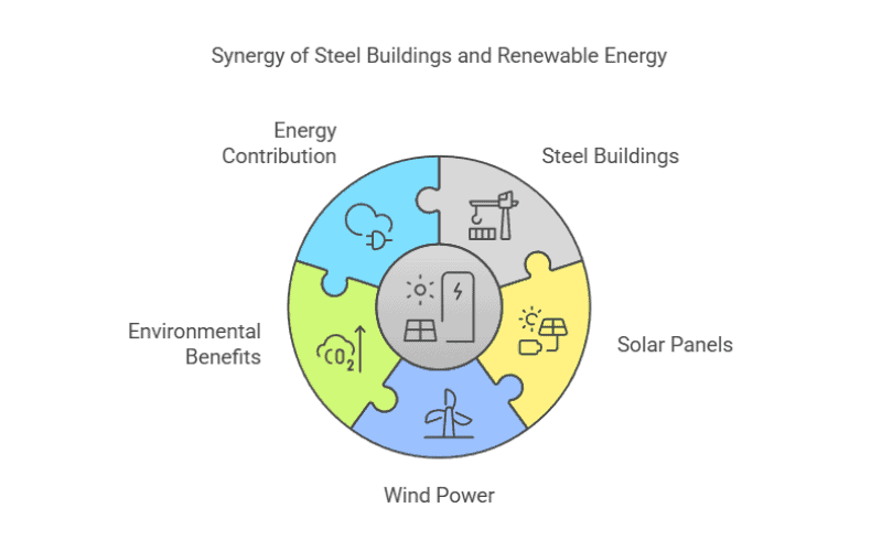 Circular diagram of synergy between steel buildings, solar panels, wind power, energy contribution, and environmental benefits.