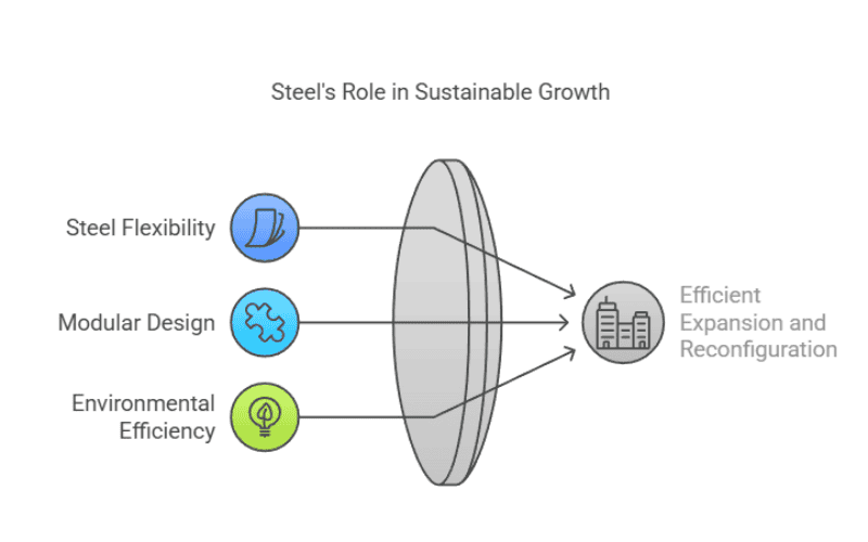 Diagram showing steel's role in sustainable growth via flexibility, modular design, and environmental efficiency.