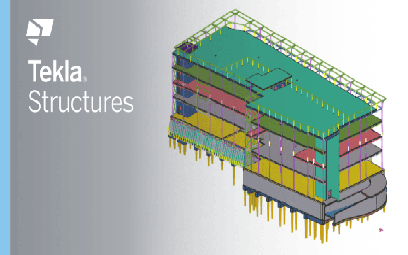 โลโก้ของ Tekla Structures พร้อมโมเดล 3 มิติของอาคาร สำหรับการสร้างแบบจำลอง 3 มิติและการออกแบบรายละเอียดโครงสร้างเหล็ก