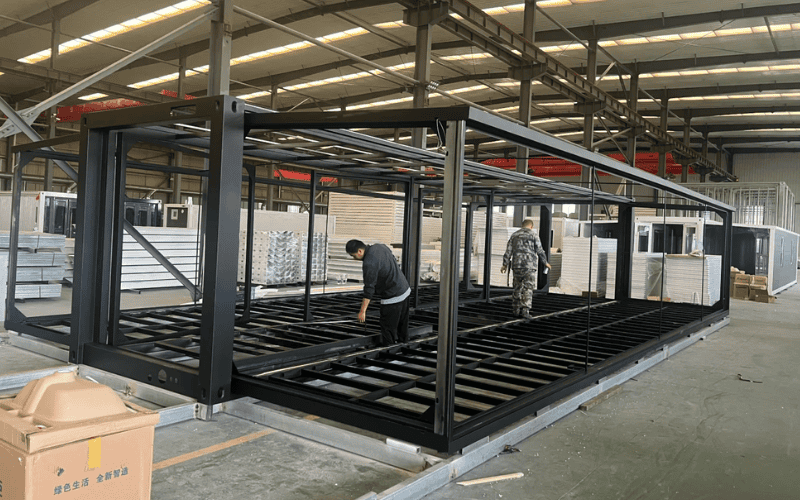 "Workers assembling a steel structure module in a factory setting, highlighting structural details."