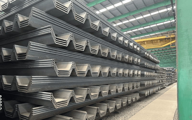  "Stacks of galvanized steel sections in a warehouse, neatly arranged for construction projects."