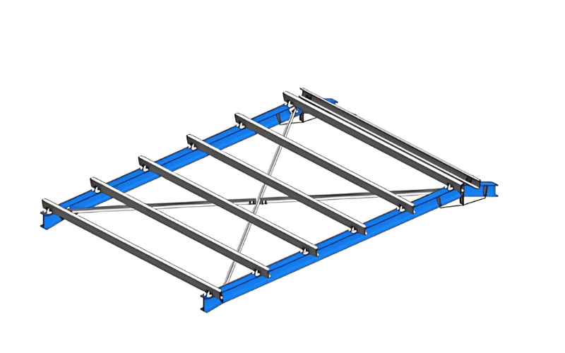 "3D model of a steel frame roof with cross bracing, beams, and connections for stability."