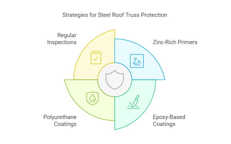 Diagram of strategies for steel roof truss protection including regular inspections, zinc - rich primers, polyurethane, and epoxy - based coatings.