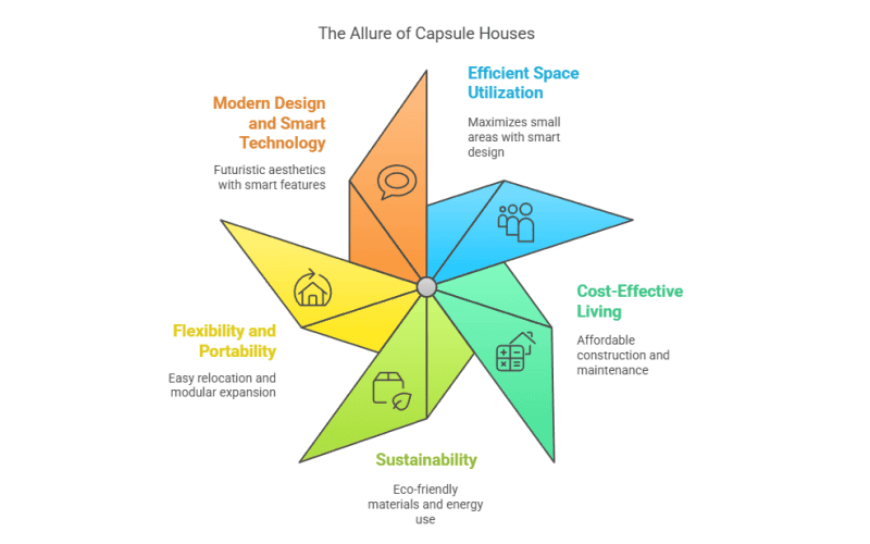 Sternförmiges Diagramm, das die Vorzüge von Kapselhäusern auflistet: modernes Design, effiziente Raumnutzung, Kosteneffizienz, Flexibilität und Nachhaltigkeit.