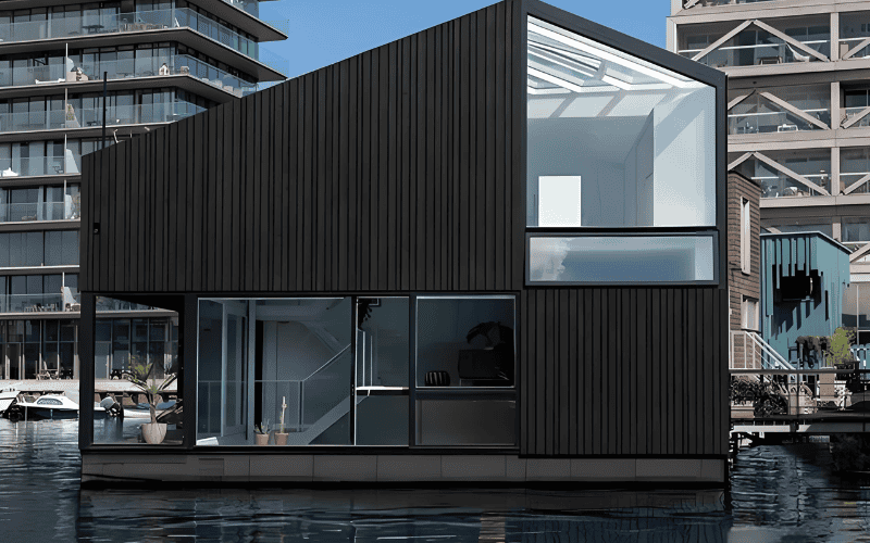 A modern modular building on water with dark panels and large glass windows, set against urban buildings.