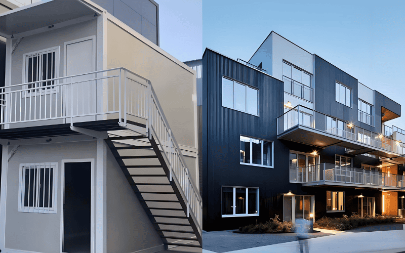 Two modular buildings for blog on temporary/permanent types. Left: small single - unit with stairs. Right: multi - story with balconie.