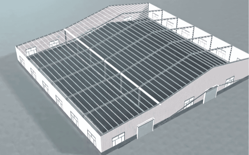 Single-story steel workshop with a steel frame and corrugated roof