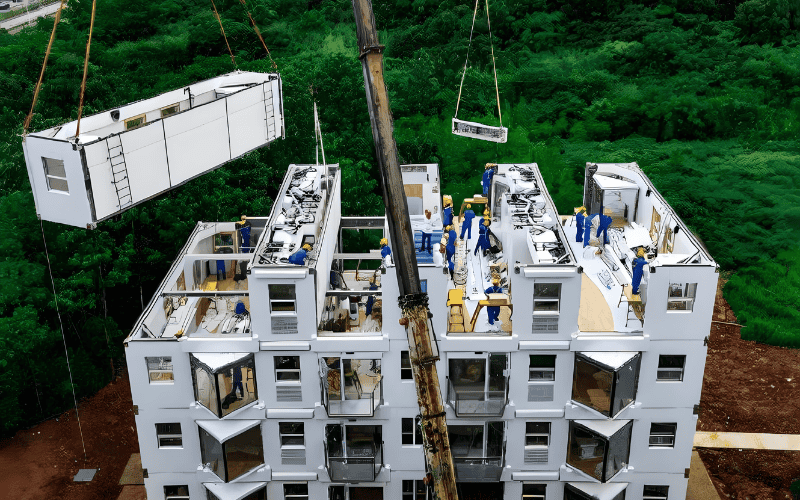 They are construcuting the modular building.