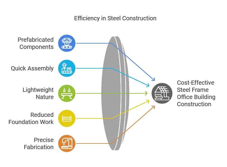 Diagram showing efficiency factors in steel frame office building construction like prefab components and quick assembly.

