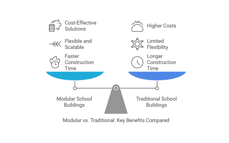 Diagram comparing modular and traditional school buildings: cost - effectiveness, flexibility, and construction time.