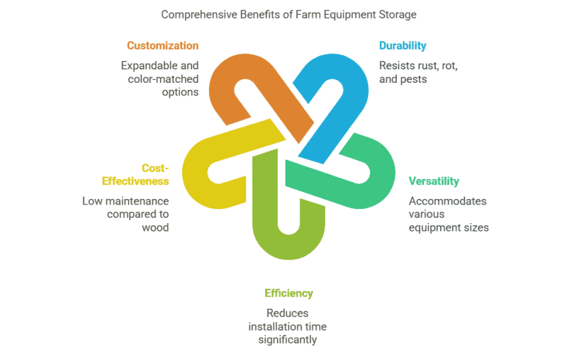 Infographic highlighting the comprehensive benefits of a farm equipment shed, such as customization, durability, and cost - effectiveness.