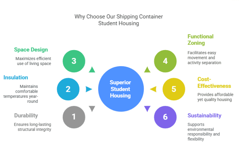 Infographic titled "Why Choose Our Shipping Container Student Housing", highlighting 6 aspects: Durability, Insulation, Space Design, Functional Zoning, Cost - Effectiveness, and Sustainability, each with a brief description.