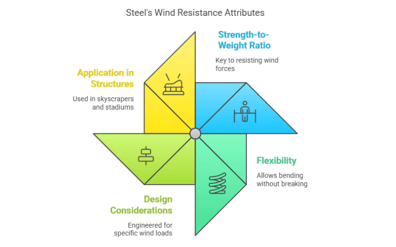 Diagram highlighting steel's wind resistance attributes, including strength - to - weight ratio, flexibility, and design considerations for wind loads.