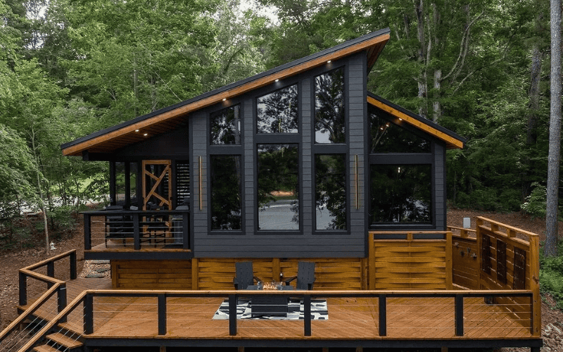 Steel structure wooden house in the wood