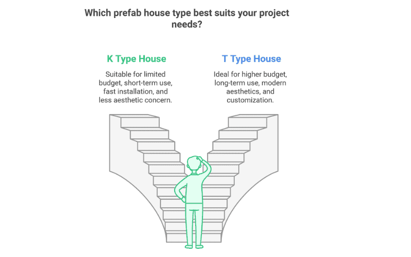 Comparison chart highlighting K-Type and T-Type prefab houses, showing suitability for budget, duration, aesthetics, and project customization needs.