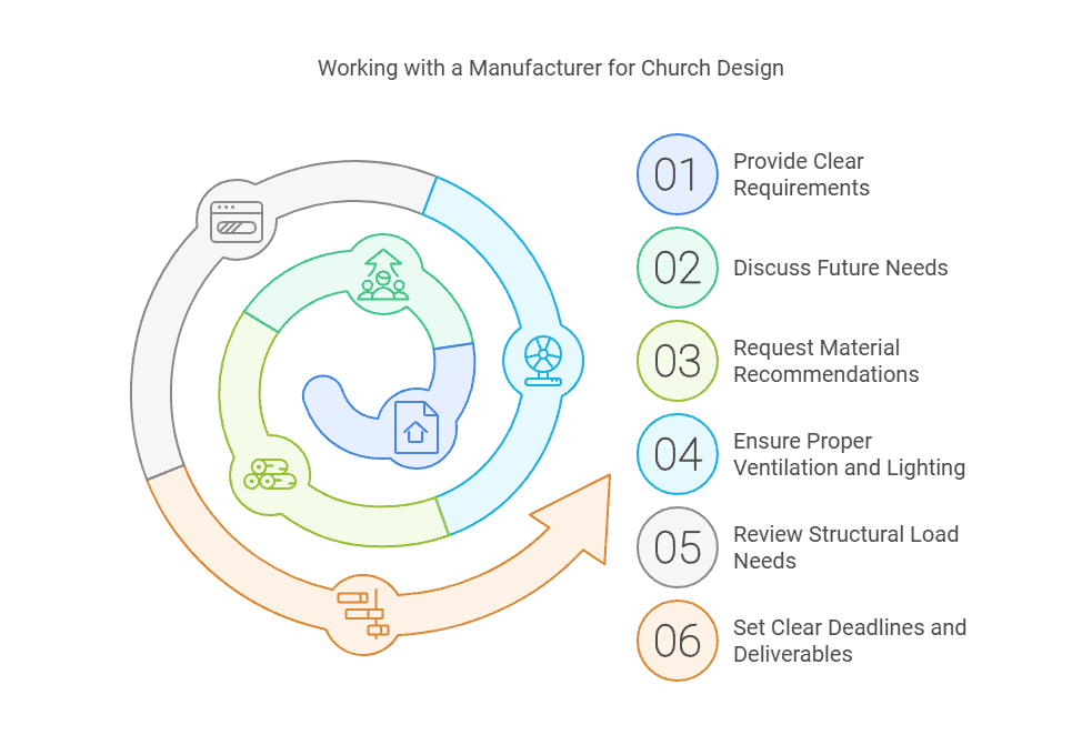 Infographic outlining steps for working with a manufacturer on church design, including requirements, materials, ventilation, and deadlines.