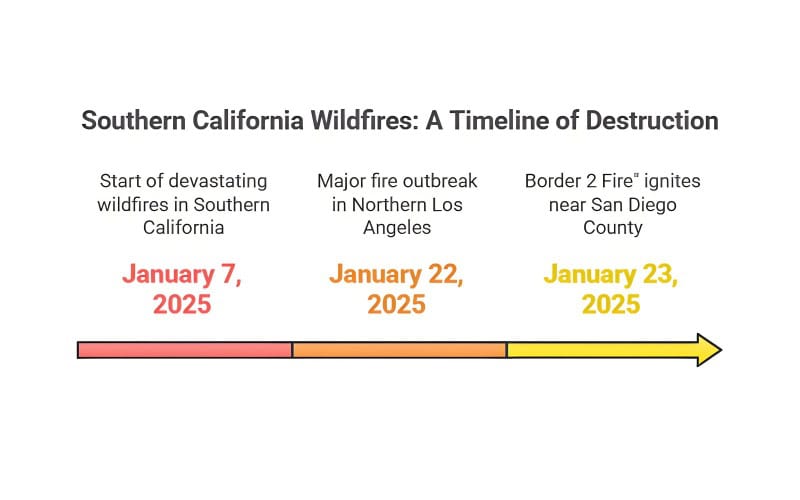 Timeline of Southern California wildfires, marking start of devastating fires on January 7, 2025, major outbreak in Northern LA on January 22, 2025, and Border 2 Fire near San Diego County on January 23, 2025.