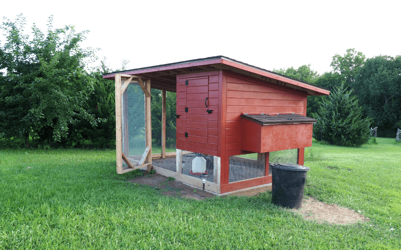 A red wooden chicken coop with a side - entry screened area, located on a grassy lawn with a black bin beside it.