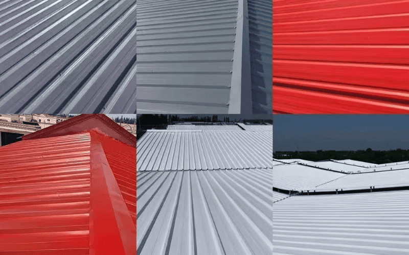 Collage of corrugated metal roofs in red, grey, and white colors, showing different installations and roof designs.