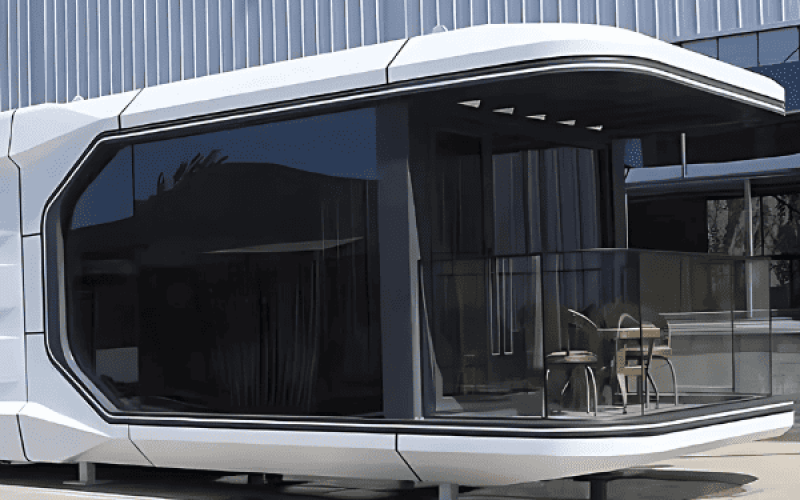 A sleek, futuristic portable pod with a balcony, illuminated with ambient lighting, showcasing modern, modular architecture.
