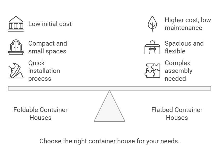 llustration comparing foldable and flat-pack container houses using a balance scale, showcasing their respective costs, flexibility, and installation ease.