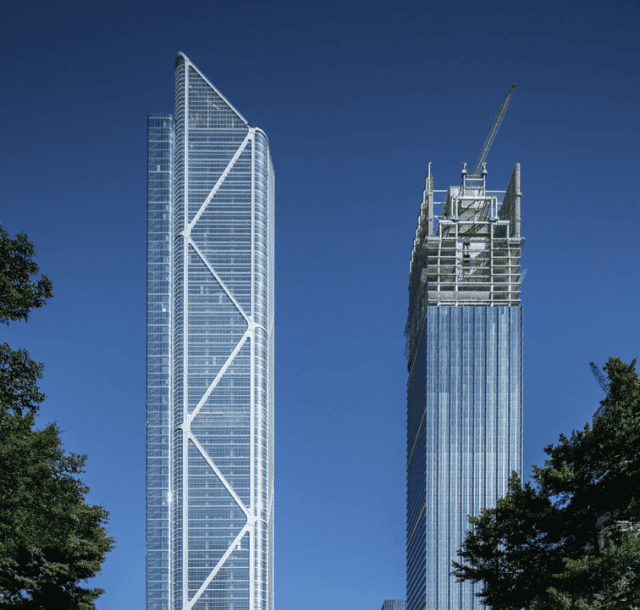 A comparison of two skyscrapers, one completed and one under construction, highlighting the steel frame and modern design elements in high-rise buildings.