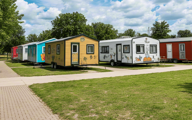 Multiple mobile homes in different colors, including blue, yellow, red, and white, located in a park-like setting with trees and grassy areas.