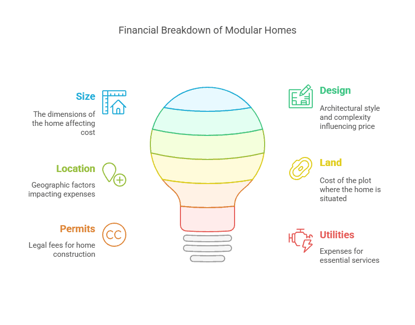 Colorful infographic showing cost factors for modular homes, including size, location, permits, design, land, and utilities, arranged around a lightbulb.