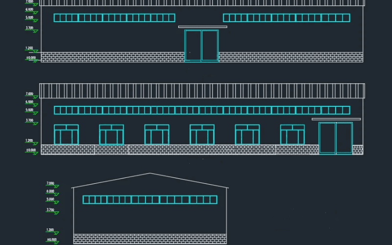 Technical blueprint of a steel-framed barn with multiple design views, including front, side, and roof elevations, with measurements in a digital format.