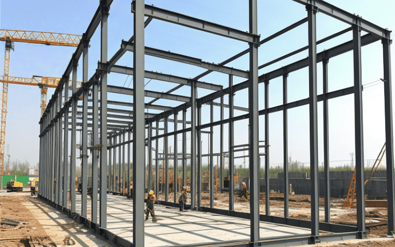 Steel frame structure for pole barn under construction, with workers assembling the metal beams. A crane is visible in the background, assisting in the process.
