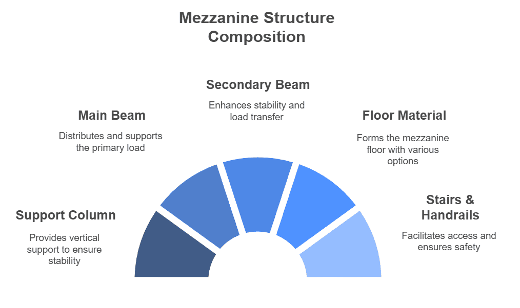 Infographic showcasing the composition of a mezzanine structure, highlighting five key components: Main Beam, Support Column, Secondary Beam, Floor Material, and Stairs & Handrails, each with a brief description of their role in stability, load transfer, and accessibility.