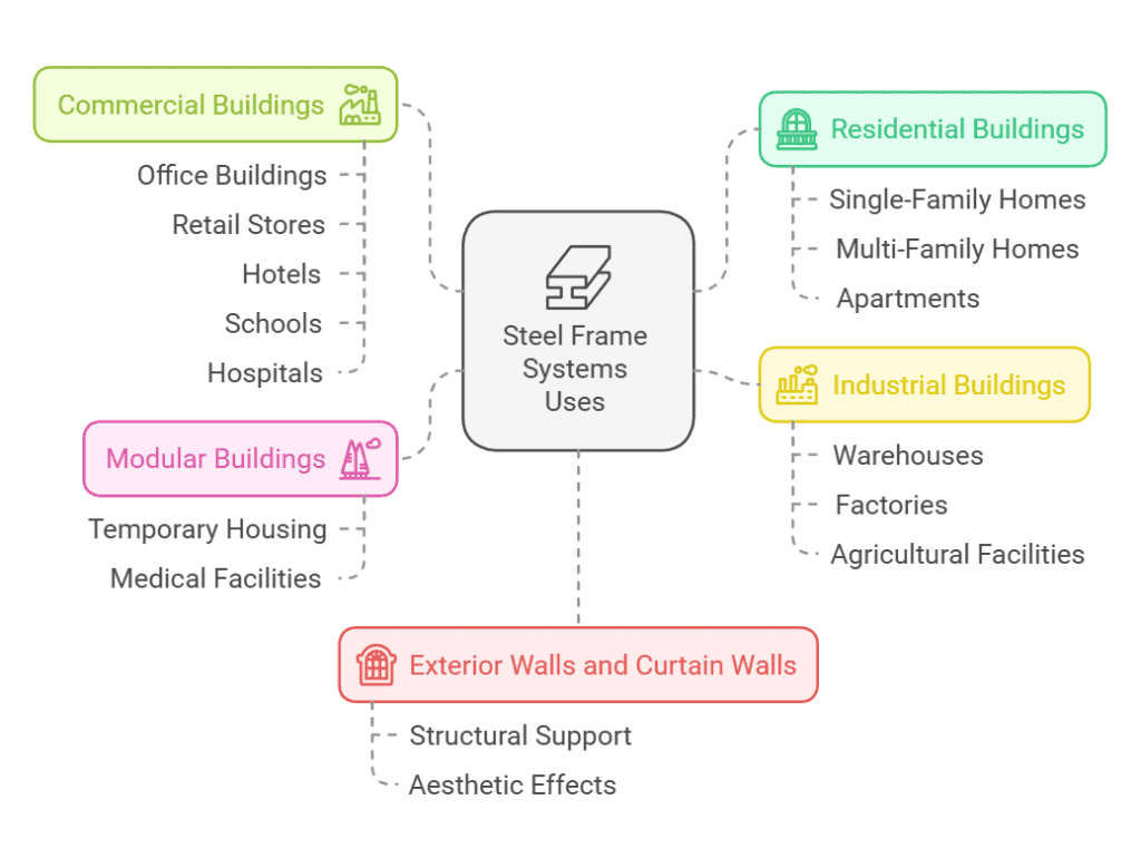 A diagram showing uses of steel frame systems in commercial, residential, industrial, modular buildings, and exterior walls.