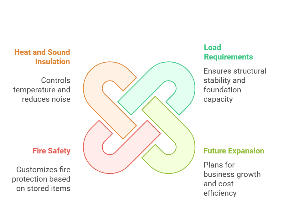 An infographic showing four interconnected elements: "Heat and Sound Insulation" (orange), "Fire Safety" (red), "Load Requirements" (green), and "Future Expansion" (light green), highlighting their importance in structural planning.