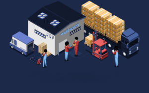 A graphic showing warehouse activities, including forklifts, delivery trucks, workers handling goods, and a labeled "WAREHOUSE" building.