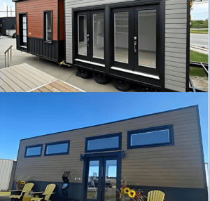 Two modular homes placed next to each other, one featuring a darker exterior with large windows and a deck, while the other has a light beige exterior with similarly styled windows and doors.