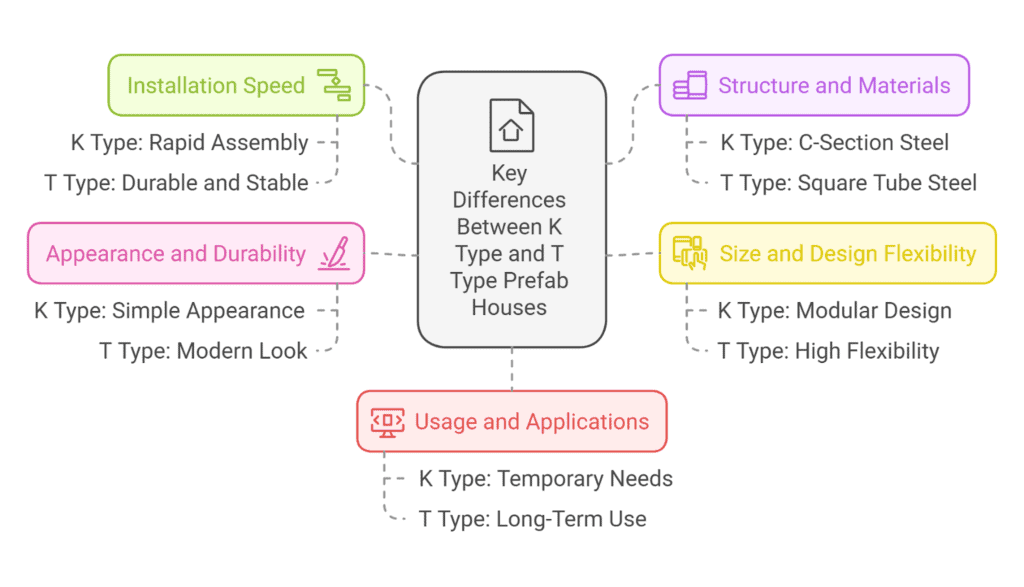 Diagram comparing K-Type and T-Type prefab houses on factors like installation speed, appearance, structure, design flexibility, and usage applications.