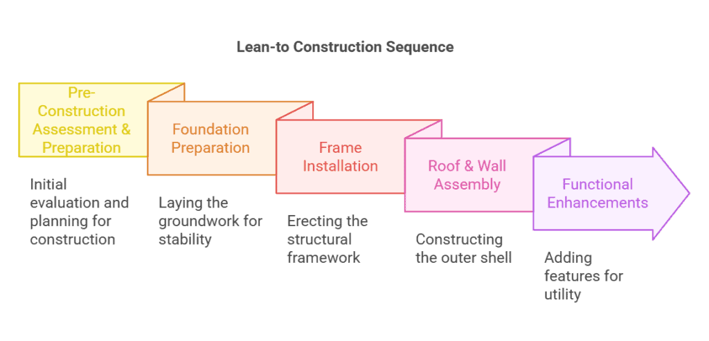 A step-by-step infographic outlining the lean-to barn construction process from pre-construction assessment to functional enhancements.