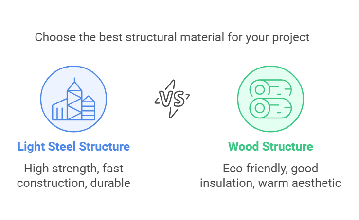 Comparison of light steel structure and wood structure, highlighting features like high strength and fast construction for steel, and eco-friendliness for wood.