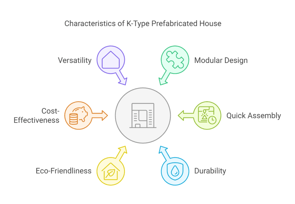 Infographic illustrating key characteristics of K-Type prefab houses, including versatility, modular design, quick assembly, durability, eco-friendliness, and cost-effectiveness.