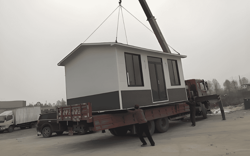 A modular home being carefully lowered from a crane onto a truck, showing the transport process with workers assisting.