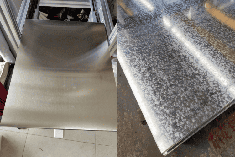 close up comparison between stainless steel and galvanized steel panels