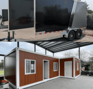 A black trailer unit next to a modular unit with wooden panels, demonstrating the difference between a simple trailer and a fully functional modular home structure.