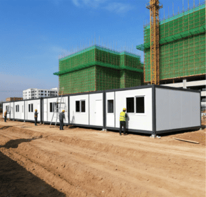 A construction site showing modular units being installed with workers applying finishing touches to the exterior of the structure.