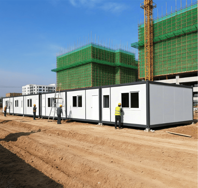 A construction site showing modular units being installed with workers applying finishing touches to the exterior of the structure.