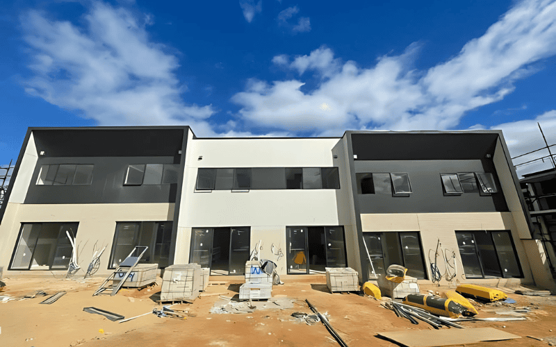 Two-story modular homes under construction, with a large open area and scattered construction materials on the ground.