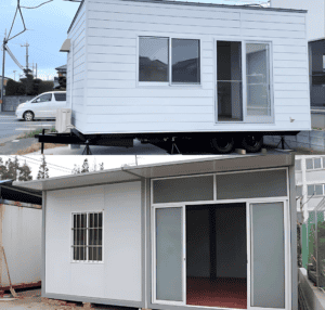 A white portable modular home on wheels next to a mobile home with a distinctive front porch, showcasing two different types of temporary homes in a side-by-side comparison.