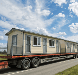 Ein Fertighaus wird auf einem Pritschenwagen transportiert, wobei mehrere Teile des Hauses sichtbar sind, während es unter einem hellen Himmel auf einer Autobahn unterwegs ist.